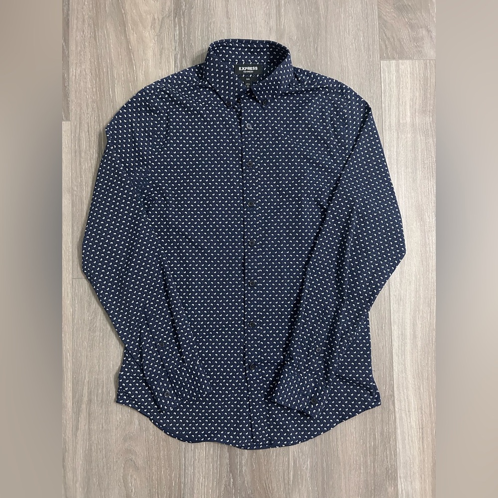 Express Men's Dark Blue Geometric Shirt (Slim - Performance)
